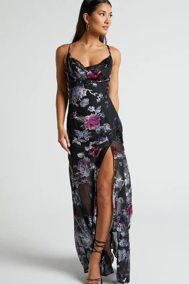 Aletta Maxi Dress 8211 Cowl Cross Back Dress In Purple Haze Burnt Out Floral Women Showpo Dresses