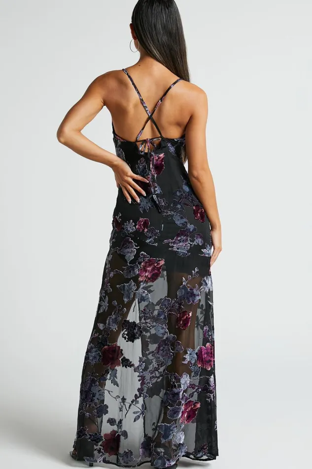 Aletta Maxi Dress 8211 Cowl Cross Back Dress In Purple Haze Burnt Out Floral Women Showpo Dresses