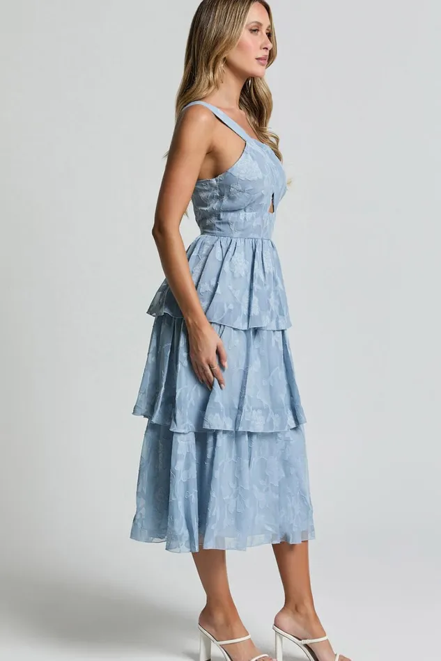 Alvinia Midi Dress 8211 One Shoulder Cut Out Tiered Dress In Light Blue Women Showpo Dresses