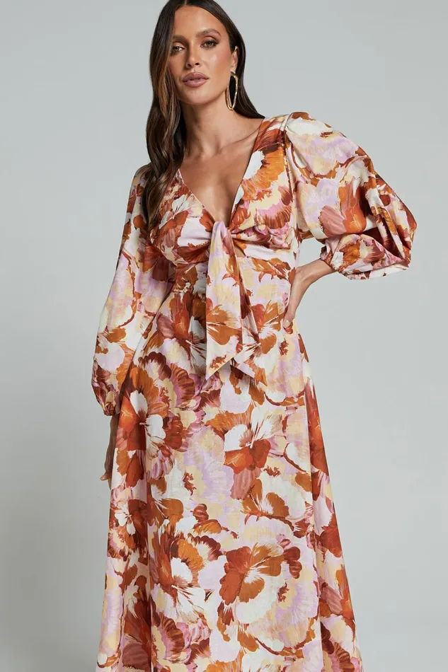 Amalie The Label 8211 Chevonne Linen Blend Tie Front Puff Sleeve Maxi Dress In Baku Print Women Showpo Dresses