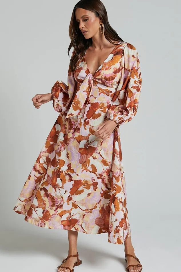 Amalie The Label 8211 Chevonne Linen Blend Tie Front Puff Sleeve Maxi Dress In Baku Print Women Showpo Dresses