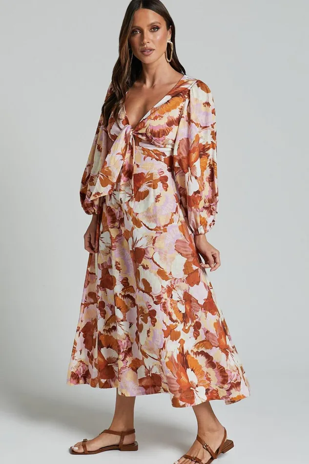 Amalie The Label 8211 Chevonne Linen Blend Tie Front Puff Sleeve Maxi Dress In Baku Print Women Showpo Dresses