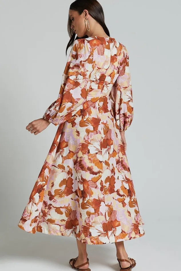 Amalie The Label 8211 Chevonne Linen Blend Tie Front Puff Sleeve Maxi Dress In Baku Print Women Showpo Dresses