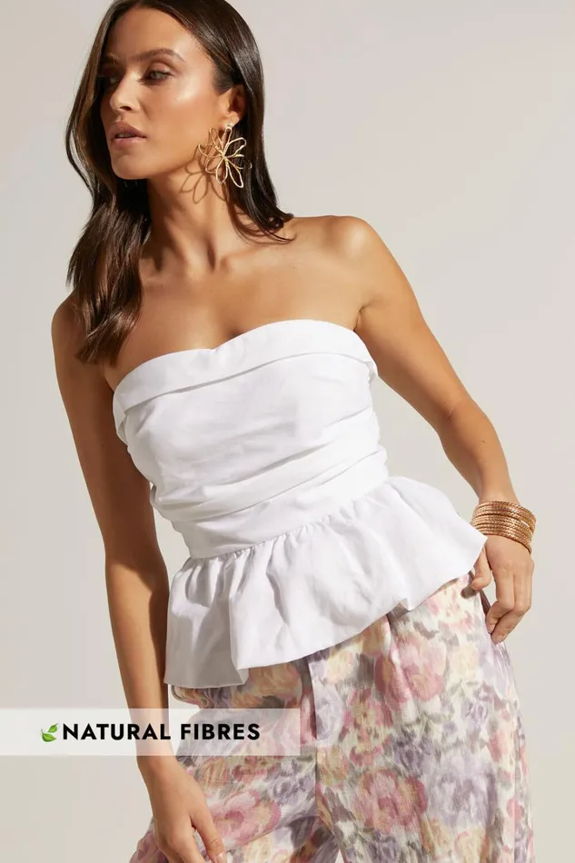 Amalie The Label 8211 Cortez Linen Blend Strapless Sweetheart Ruched Bodice Peplum Top In White Women Showpo Tops Amalie The Label 8211 Cortez Linen Blend Strapless Sweetheart Ruched Bodice Peplum Top In White Women Showpo Tops