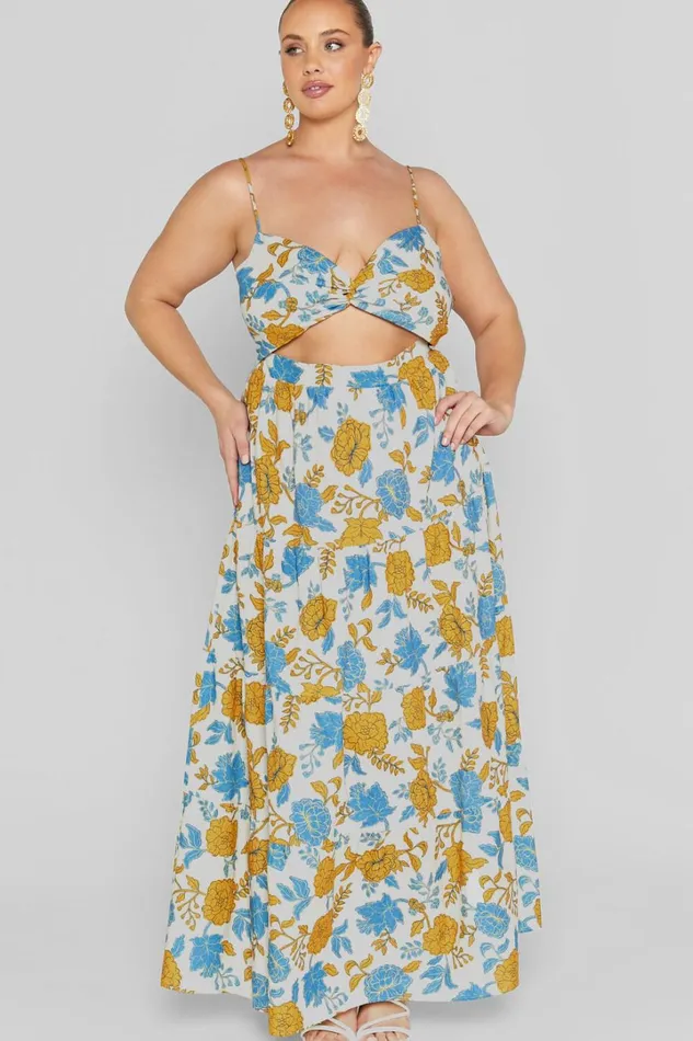 Amalie The Label 8211 Emerita Linen Blend Sweetheart Twist Front Tie Back Midi Dress In Valencia Floral Women Showpo Curve Clothes
