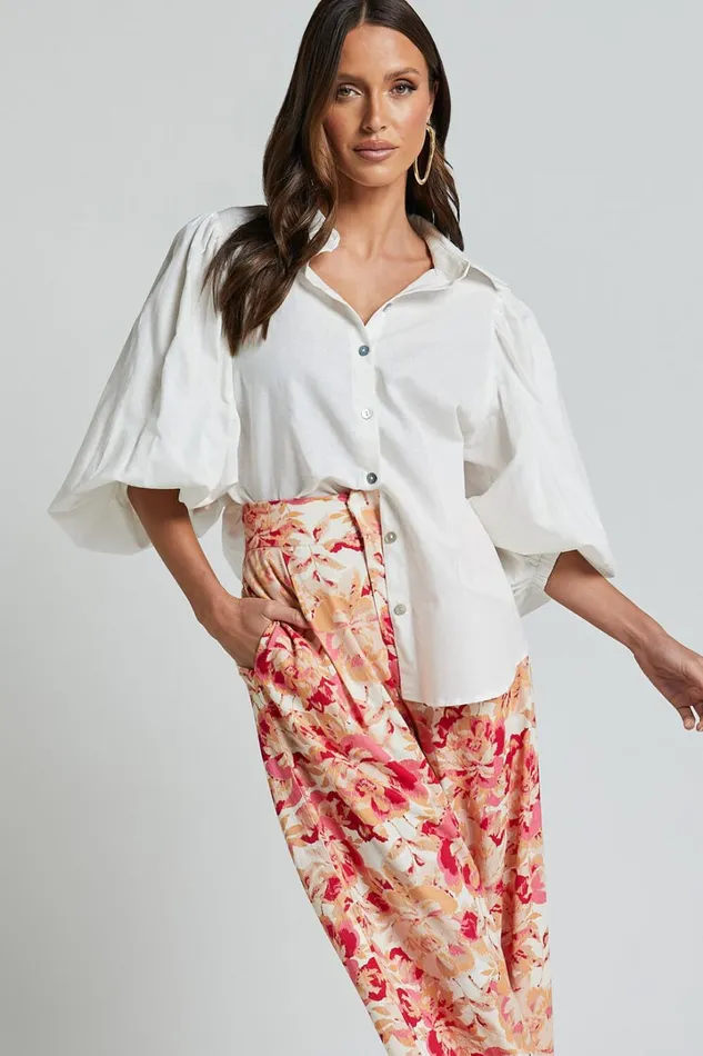 Amalie The Label 8211 Janae Linen Blend Collared Puff Sleeve Button Up Shirt In Ivory Women Showpo Tops