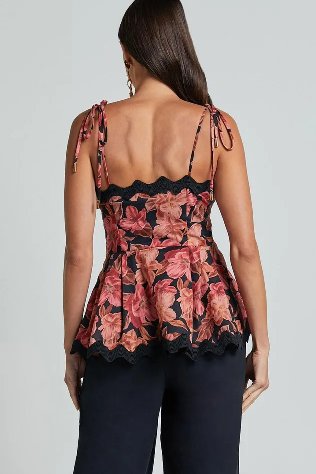 Amalie The Label 8211 Sisia Linen Blend Tie Shoulder Peplum Cami Top In Atalie Print Women Showpo Tops