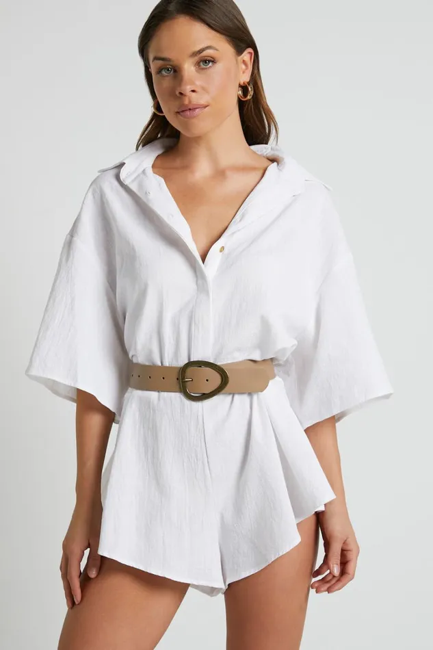 Ankana Playsuit 8211 Short Sleeve Relaxed Button Front Playsuit In White Women Showpo Rompers