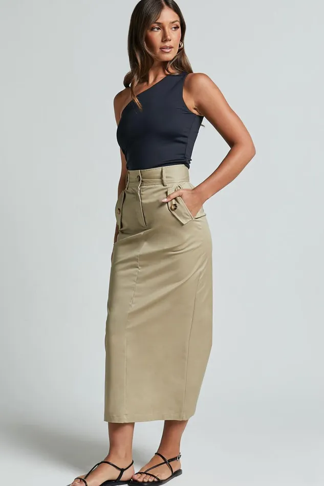 Anna Midi Skirt 8211 High Waisted Cargo In Sand Women Showpo Skirts