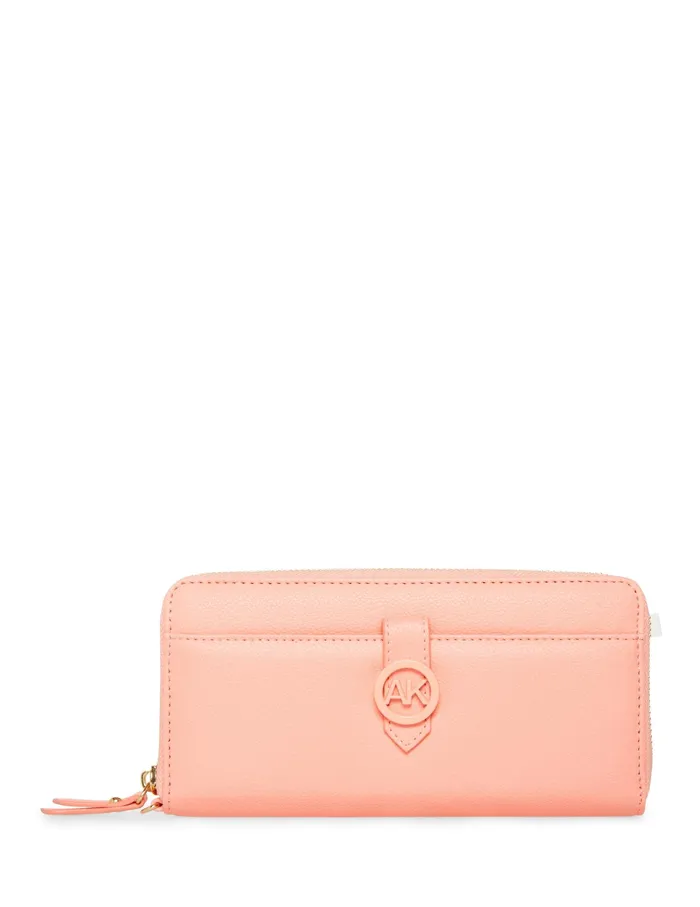 Anne Klein Boxed Slim Zip Wallet With AK Coated Hardware 038 Detachable Wristlet Coral Pink Women Handbags