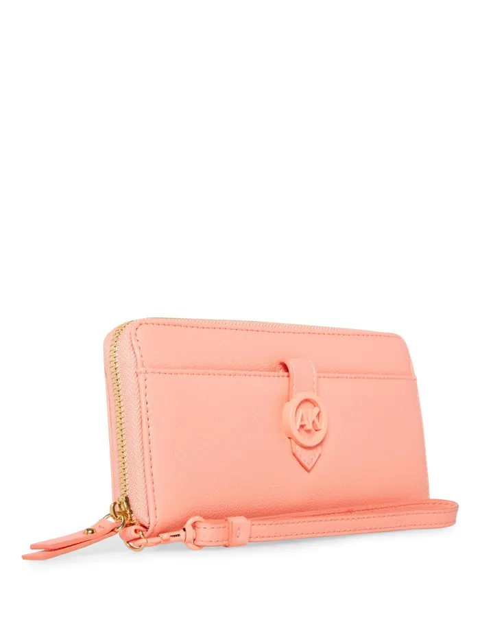 Anne Klein Boxed Slim Zip Wallet With AK Coated Hardware 038 Detachable Wristlet Coral Pink Women Handbags