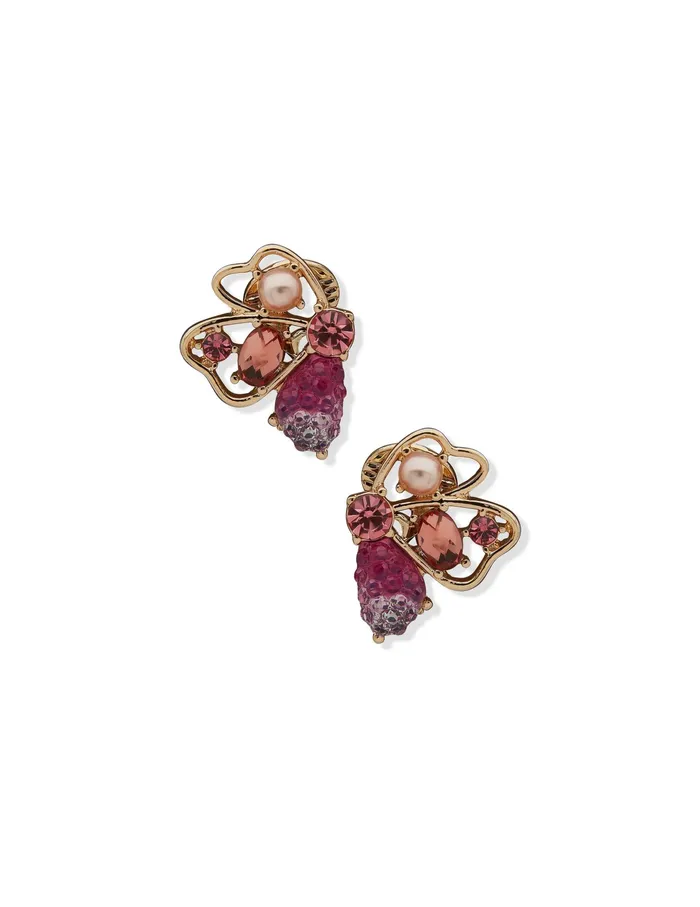Anne Klein Pink MultiStone Flower Clip Earrings Gold Tone Women Watches 038 Jewelry