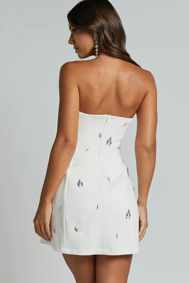 Anziel Mini Dress 8211 Strapless Structured Cluster Embellishment Dress In White Women Showpo Dresses