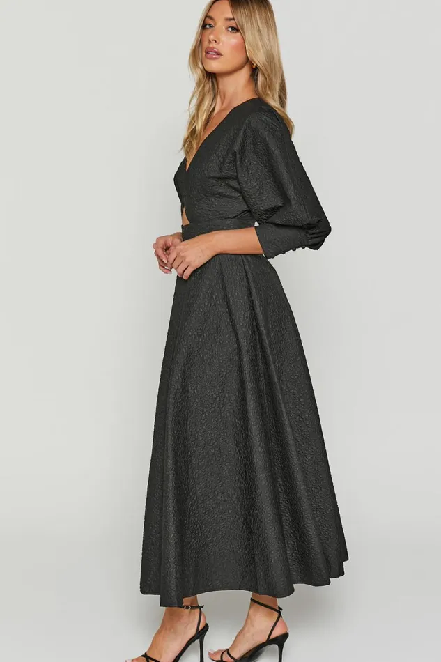 Ashtina Midi Dress 8211 V Neck Cut Out Puff Sleeve Dress In Black Women Showpo Dresses