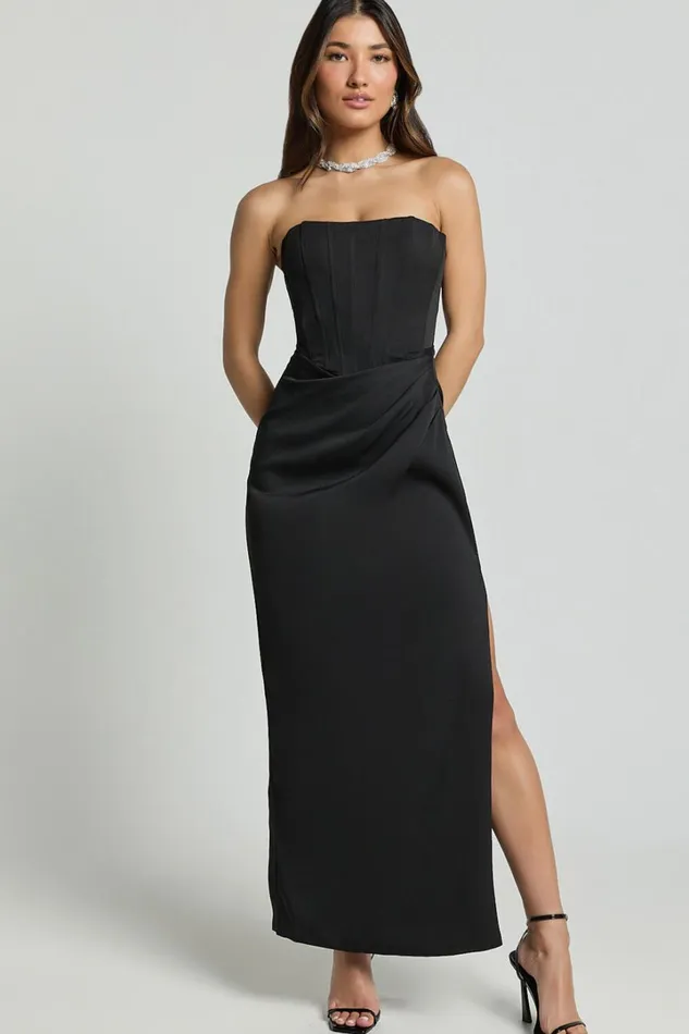 Avery Midi Dress 8211 Strapless Draped Side Split Dress In Black Women Showpo Dresses