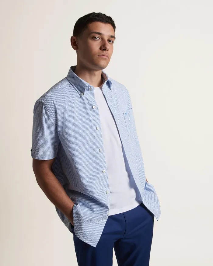 Ben Sherman Short Sleeve Shirts Men Seersucker Short Sleeve Bengal Stripe Shirt 8211 Light BlueEcru Ben Sherman Short Sleeve Shirts Men Seersucker Short Sleeve Bengal Stripe Shirt 8211 Light BlueEcru