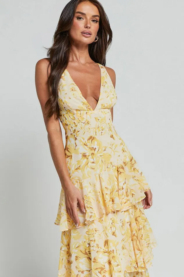 Beryl Midi Dress 8211 Deep V Neck Sleeveless Layered Dress In Yellow Floral Women Showpo Dresses