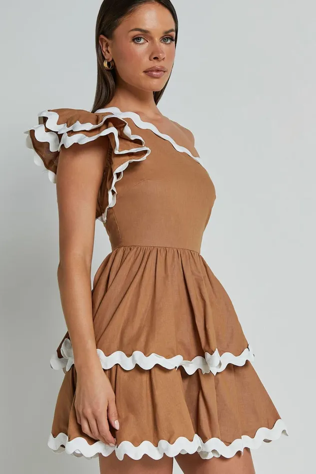 Bette Mini Dress 8211 One Shoulder Ruffle Detail Layered Dress In Tobacco Women Showpo Dresses