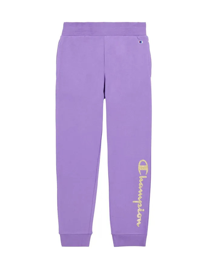 Big Girls Powerblend Joggers Glitter Script Logo 245034 Lavish Lavender Kids Champion Pants and Leggings
