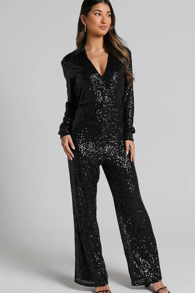 Briella Jumpsuit 8211 Sequin Collared Plunge Wrap Long Sleeve In Black Women Showpo Jumpsuits