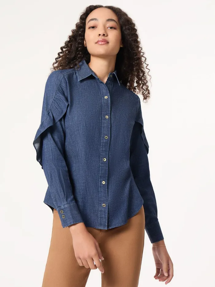 ButtonFront Ruffle Sleeve Denim Shirt Women Jones New York Tops and Blouses