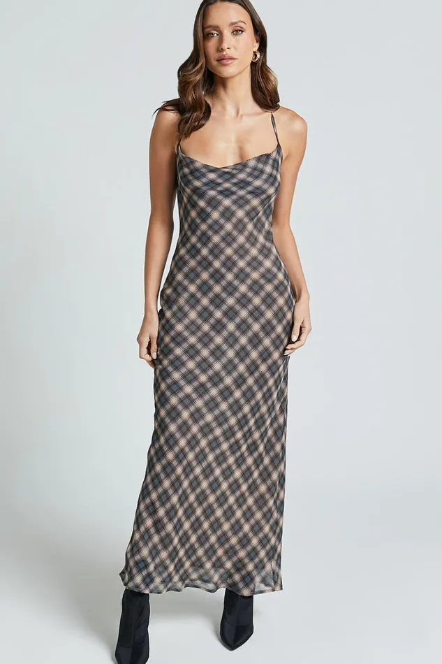 Celeste Midi Dress 8211 Strappy Cowl Neck Slip Dress In Multi Check Women Showpo Dresses