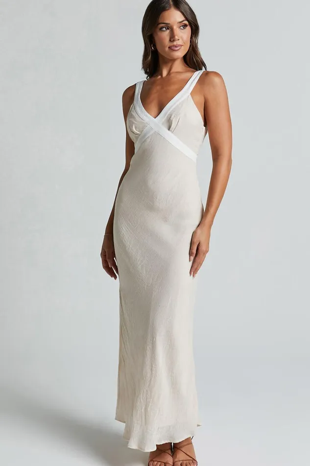 Chakyra Midi Dress 8211 Contrast Strap Bias Cut Column Dress In Beige With White Contrast Women Showpo Dresses