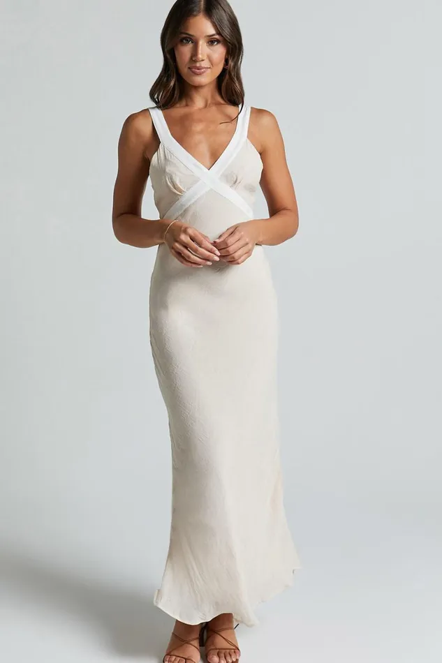 Chakyra Midi Dress 8211 Contrast Strap Bias Cut Column Dress In Beige With White Contrast Women Showpo Dresses