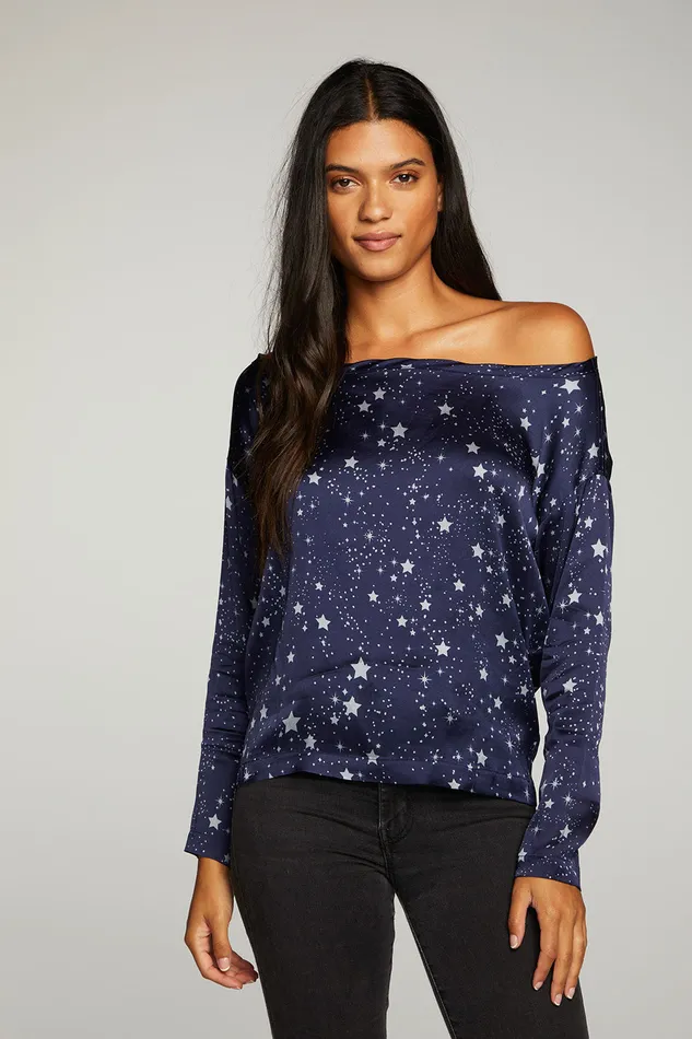 Chaser Brand Stretch Silky Basics Off Shoulder Long Sleeve Drop Shoulder Womens Tops
