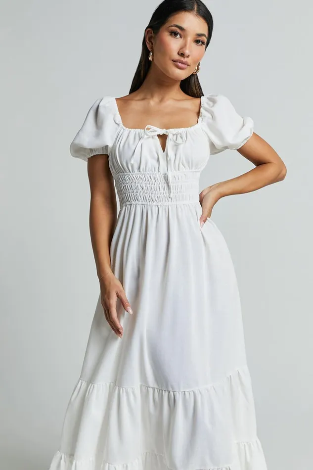 Claritza Midi Dress 8211 Linen Look Short Puff Sleeve Square Neck Tiered Dress In White Women Showpo Curve Clothes