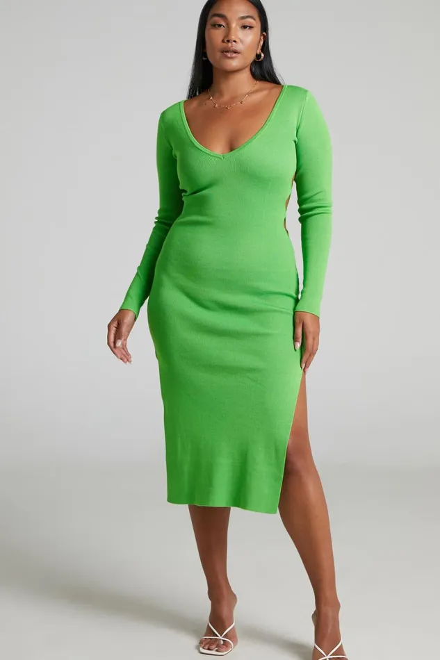 Clymene Midi Dress 8211 Side Cut Out Knit Dress In Lime Women Showpo Dresses