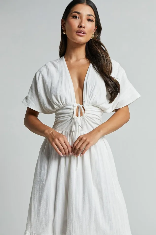 Colette Midi Dress 8211 Short Sleeve Plunge Neck Tie A Line Dress In White Women Showpo Dresses