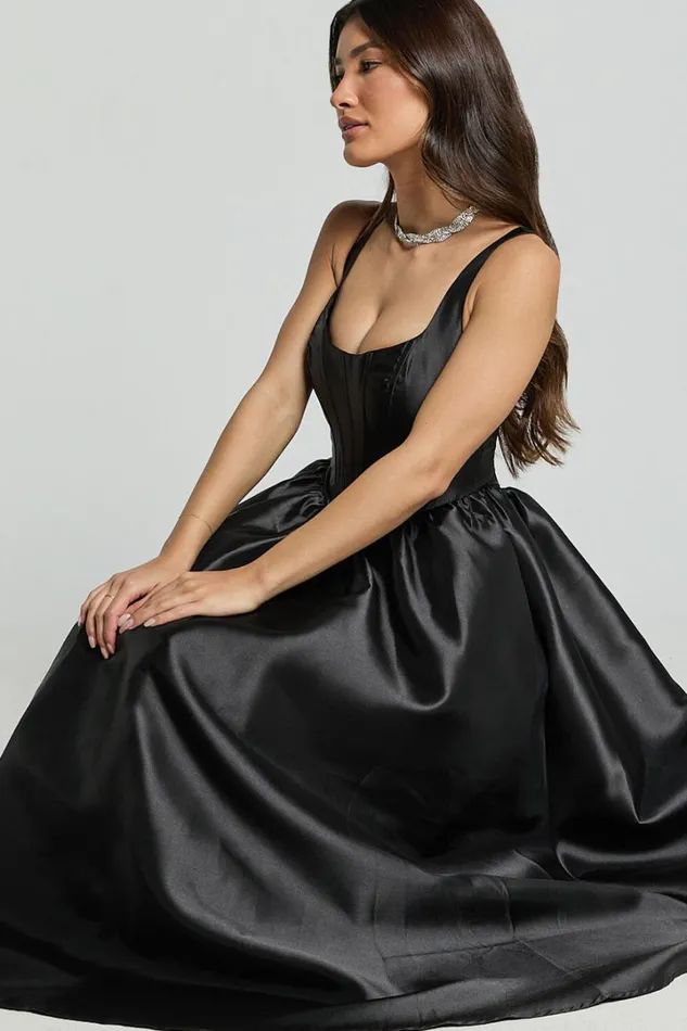 Courtney Midi Dress 8211 Corset Panel Low Back Dress In Black Women Showpo Curve Clothes