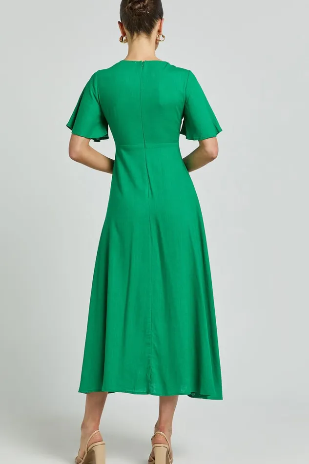 Dakota Midi Dress 8211 Linen Look Flutter Sleeve A Line Dress In Green Women Showpo Dresses