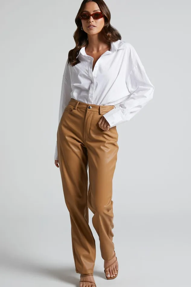 Dilyenne Pant 8211 Mid Waist Straight Leg Faux Leather Pant In Beige Women Showpo Pants