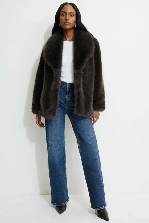 Dynamite Coats and Jackets Women Faux Fur Midi Jacket Brown