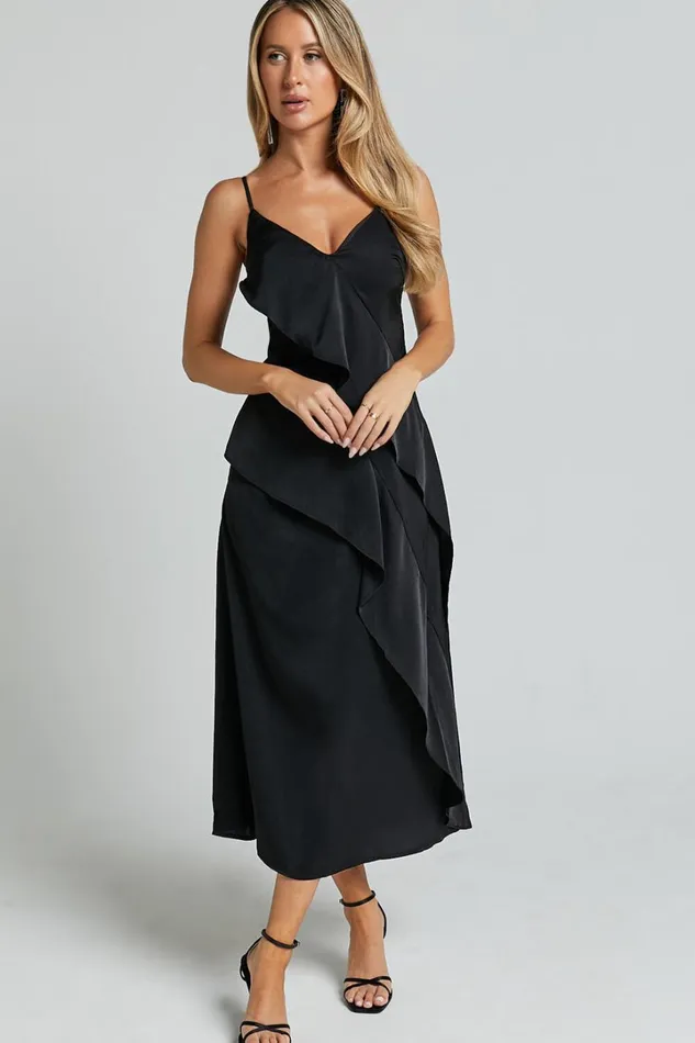 Eileen Midi Dress 8211 V Neck Soft Ruffle Tiered Satin Dress In Black Women Showpo Dresses