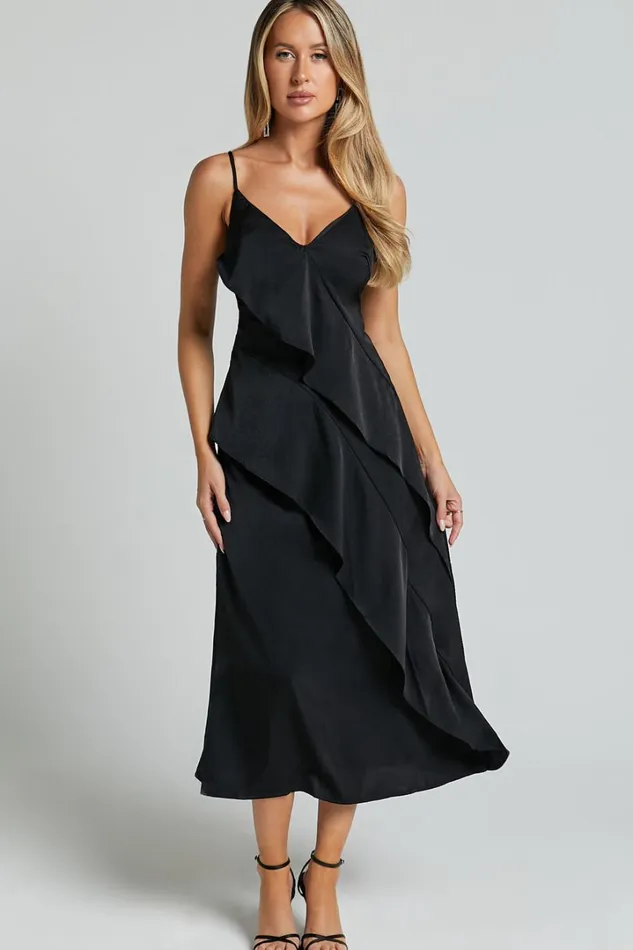 Eileen Midi Dress 8211 V Neck Soft Ruffle Tiered Satin Dress In Black Women Showpo Dresses