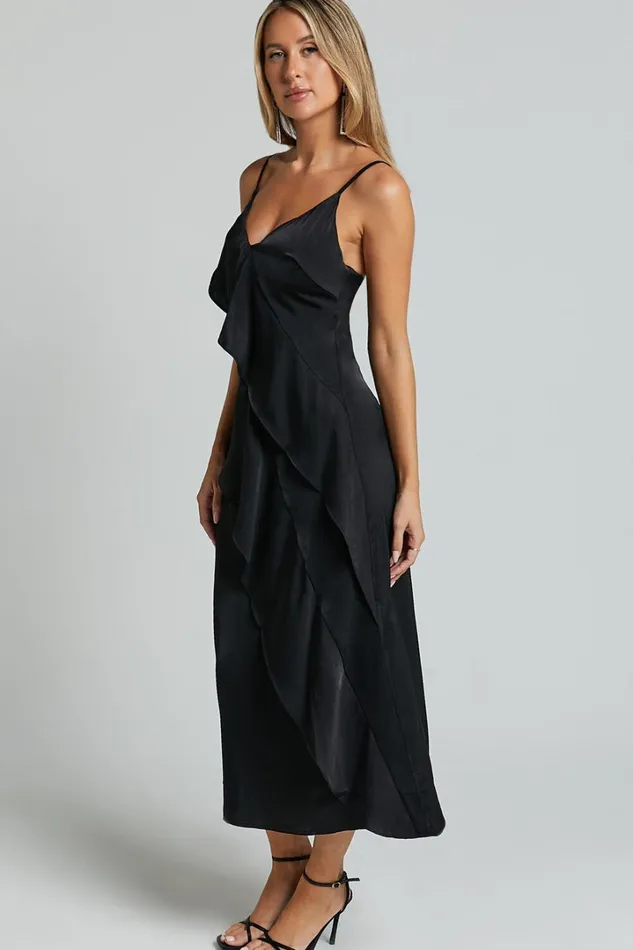Eileen Midi Dress 8211 V Neck Soft Ruffle Tiered Satin Dress In Black Women Showpo Dresses
