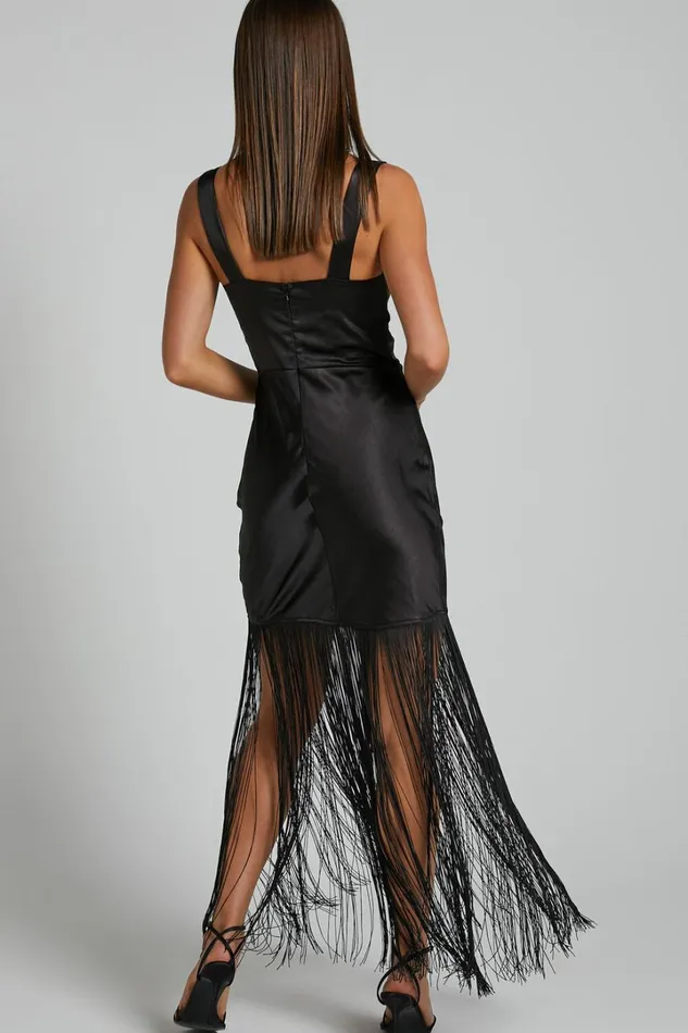 Eiren Midi Dress 8211 Corset Bodice Fringe Detail Dress In Black Women Showpo Dresses Eiren Midi Dress 8211 Corset Bodice Fringe Detail Dress In Black Women Showpo Dresses