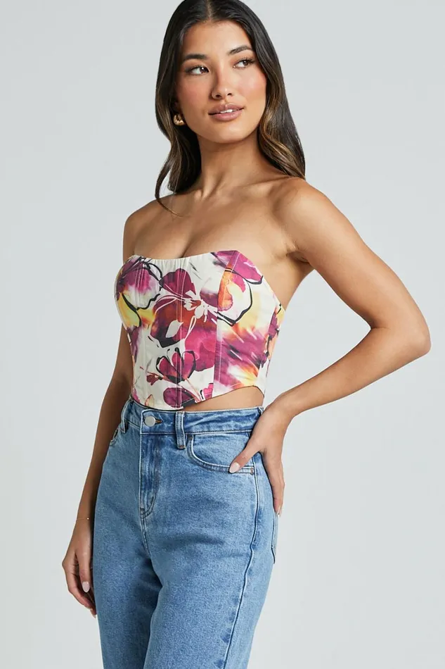 Elizabeth Top 8211 Strapless Corset Crop Top In Dahlia Dusk Floral Women Showpo Tops