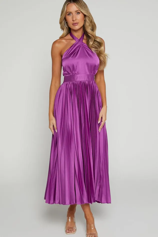 Eloise Midi Dress 8211 Halter Neck Pleated Dress In Grape Women Showpo Dresses