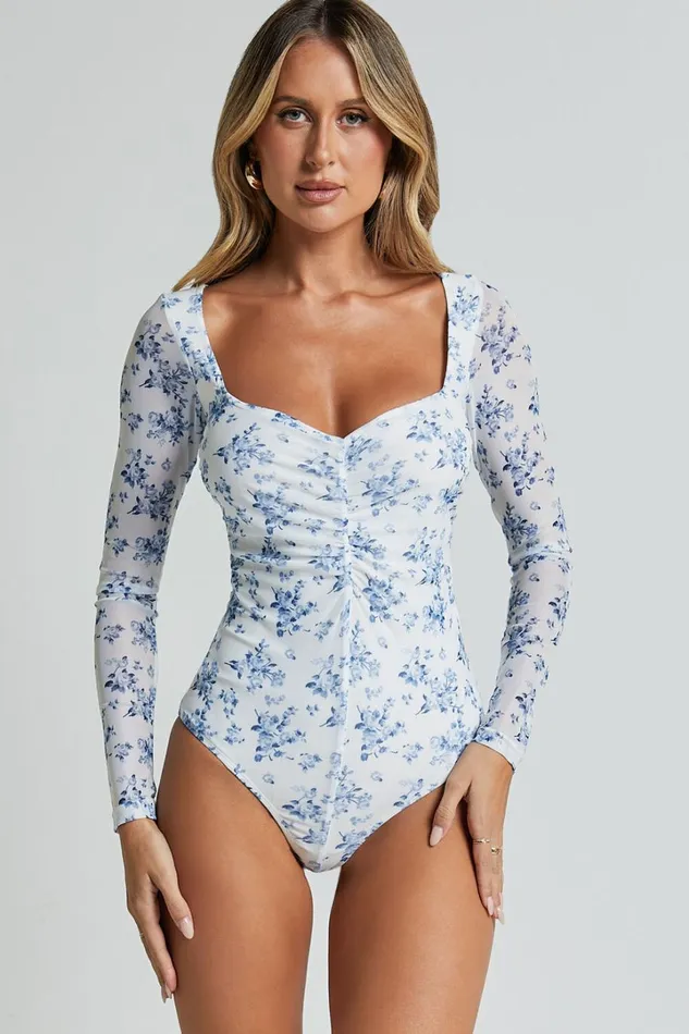Emae Bodysuit 8211 Long Sleeve Sweetheart Mesh Bodysuit In Blue Floral Women Showpo Curve Clothes