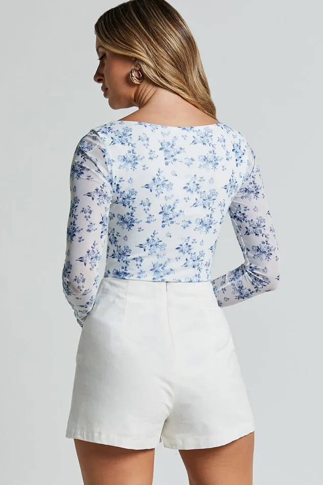 Emae Bodysuit 8211 Long Sleeve Sweetheart Mesh Bodysuit In Blue Floral Women Showpo Curve Clothes