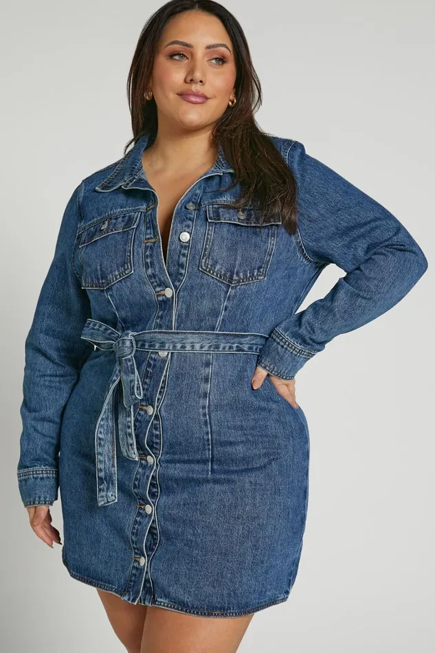 Enriquetta Mini Dress 8211 Cotton Denim Long Sleeve Button Up Dress In Blue Women Showpo Denim