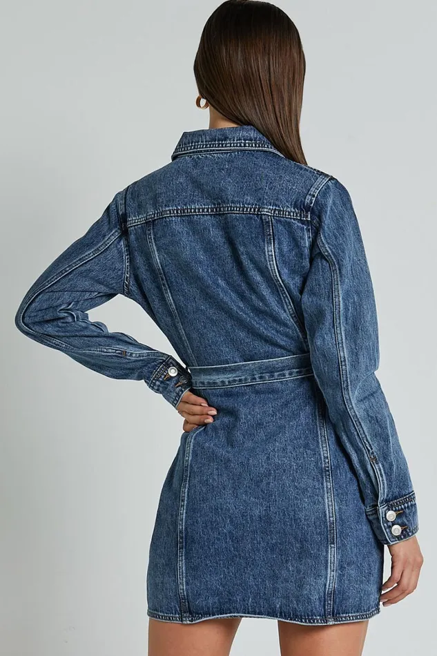 Enriquetta Mini Dress 8211 Cotton Denim Long Sleeve Button Up Dress In Blue Women Showpo Denim