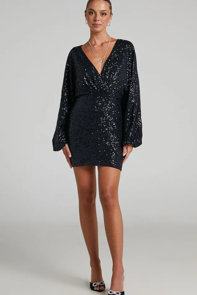 Erine Mini Dress 8211 Long Sleeve Sequin Dress In Black Women Showpo Dresses