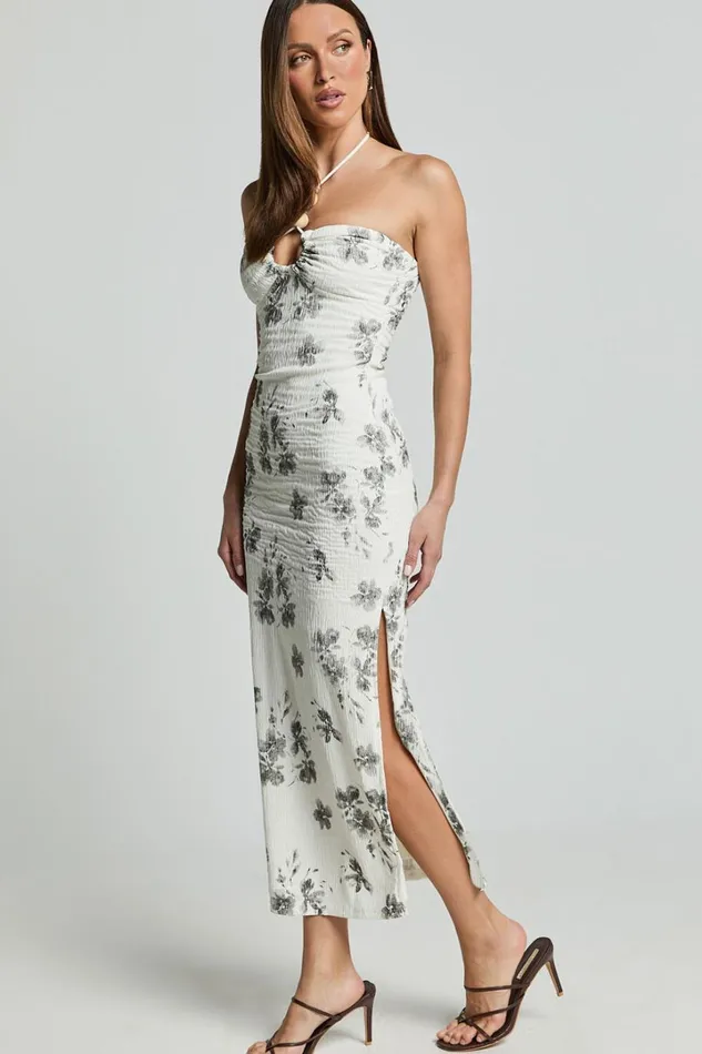 Evaline Midi Dress 8211 Halter Neck Cut Out Front Slip Dress In Black And White Floral Women Showpo Dresses