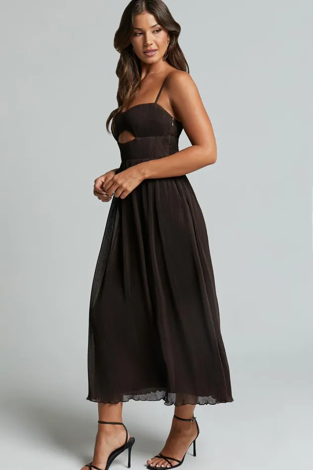 Ezri Midi Dress 8211 Strappy Cut Out Pleated A Line Dress In Chocolate Women Showpo Dresses