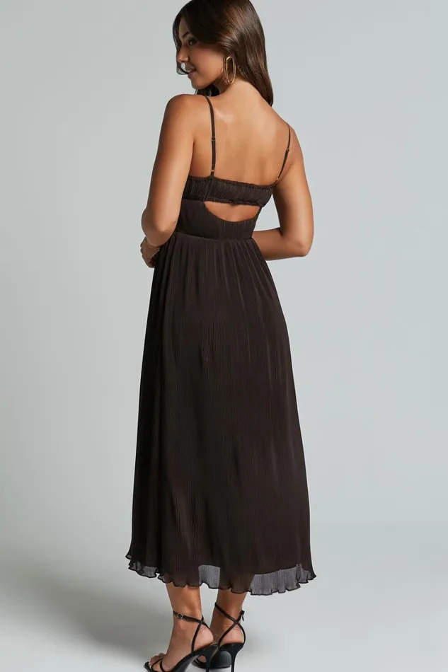 Ezri Midi Dress 8211 Strappy Cut Out Pleated A Line Dress In Chocolate Women Showpo Dresses